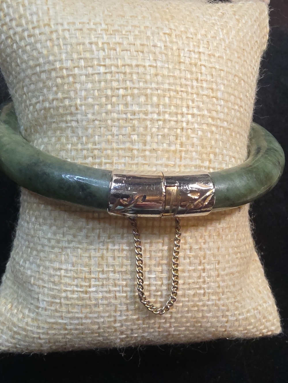 Green Jade Bangle Bracelet with Decorative Silver Clasp